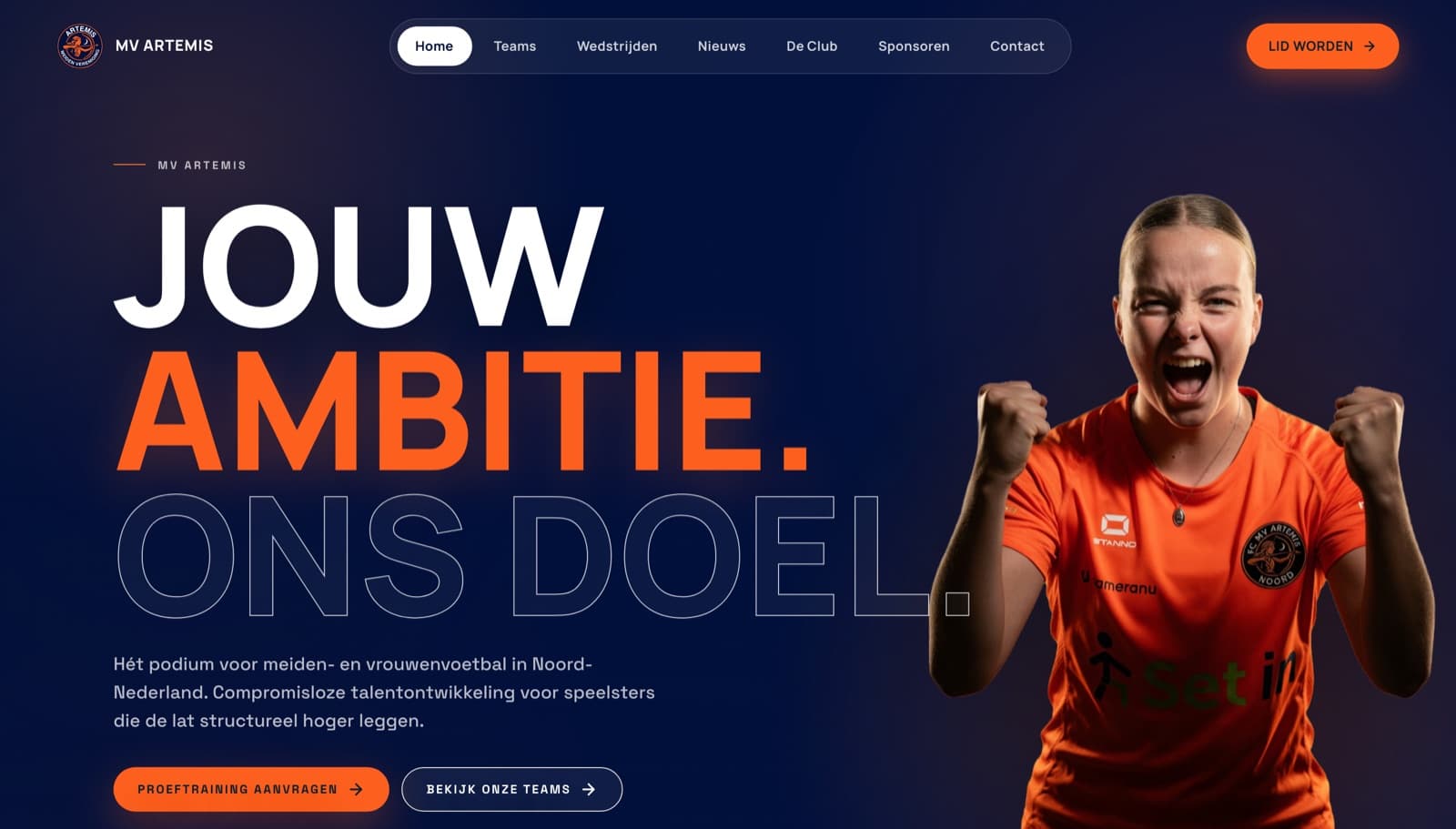 Homepage van mv-artemis.nl met de kop Jouw ambitie, ons doel
