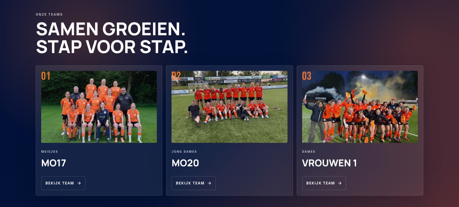 Teamsectie met MO17, MO20 en Vrouwen 1 op de clubwebsite