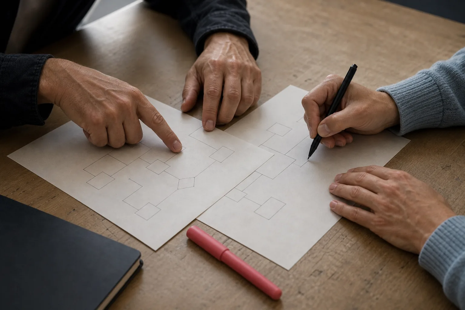 Twee professionals vergelijken processtappen op papier