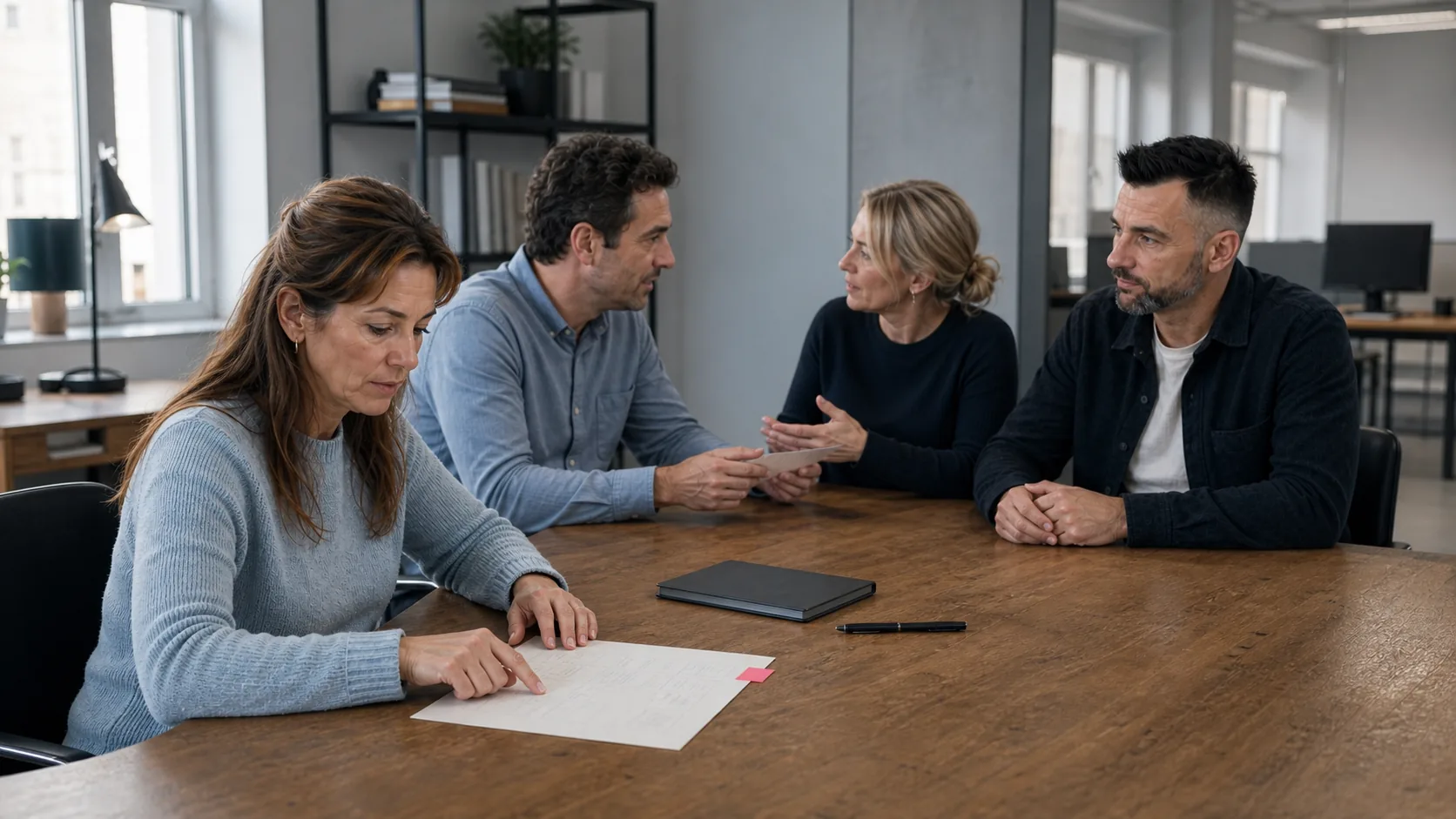 Vier professionals bespreken een werkproces terwijl Setpiece luistert